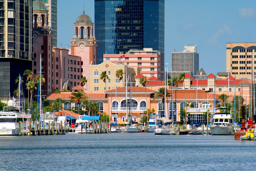 Horizontal view showing the St Petersburg, Florida, USA Yacht Club Marina and the downtown St Petersburg Skyline