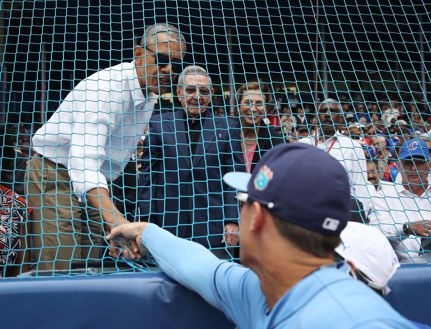 HAVANA, CUBA - MARCH 22:  U.S. President Barack Obama and Cuban President Raul Castro greet players from the Tampa Bay Rays before an exhibition game between the Cuban national team and the Major League Baseball at the Estado Latinoamericano March 22, 2016 in Havana, Cuba. This is the first time a sittng president has visited Cuba in 88 years. (Photo by Joe Raedle/Getty Images)