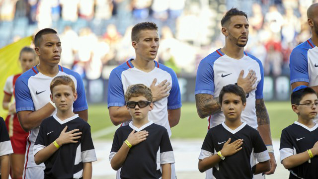 May 28, 2016; Kansas City, KS, USA; US Men’s National Team during the national Anthem before the game against Bolivia at Children’s Mercy Park. Mandatory Credit: Gary Rohman/MLS/USA TODAY Sports