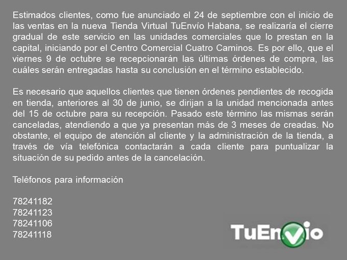 Comienza este viernes cierre de las tiendas TuEnvío que anteriormente ofertaban este servicio en La Habana